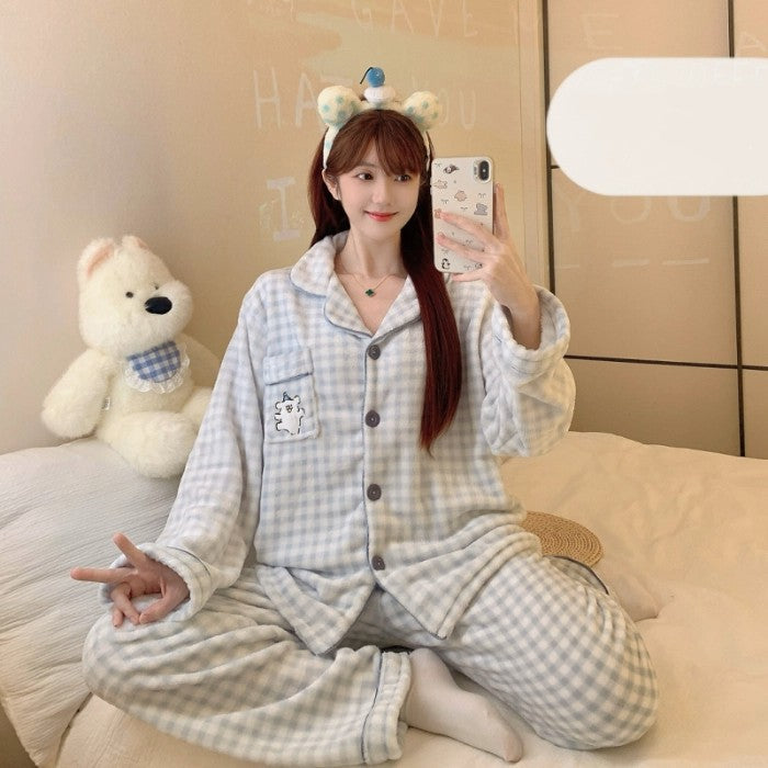 Winter Pajamas Lapel Neck Women's Pajamas Long Sleeve Kawaii Dog Warm Sleepwear Harajuku Style Cute Casual Pajamas Two-Piece