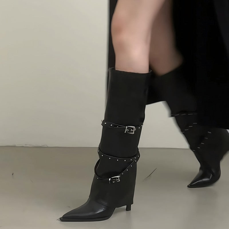 Night Club Pointed Toe Long Boots For Women High Heels Autumn Winter Shoes Ladies Belt Buckle Botas Mujes