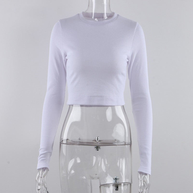 O Neck Long Sleeve Shirt Women Ribbed Sexy Cropped Tops 2024 Spring Black Casual Skinny Slim Basic Woman T Shirts White