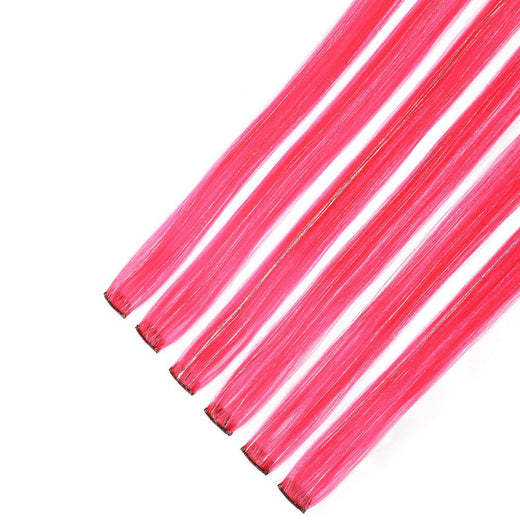 Synthetic 6pcs Clip in Hot Pink Hair Extensions Mix tinsels, 22 Inch Colored Hair Extensions, 2 in 1 Rainbow Hair