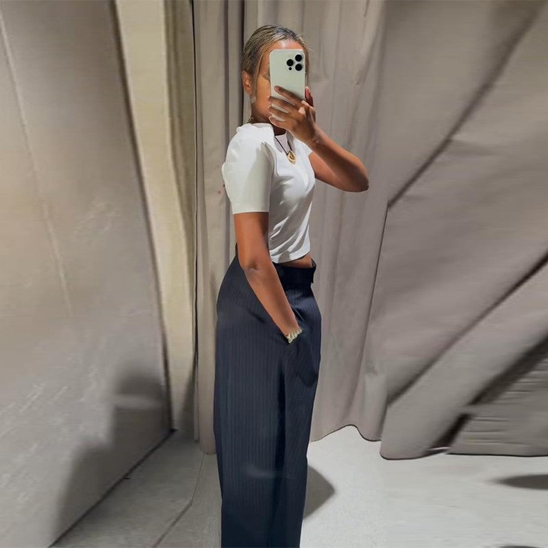 Casual Striped Loose Pants Women High Waist Pleated Straight Long Wide Leg Trousers Female 2025 Fashion Autumn Lady Bottoms