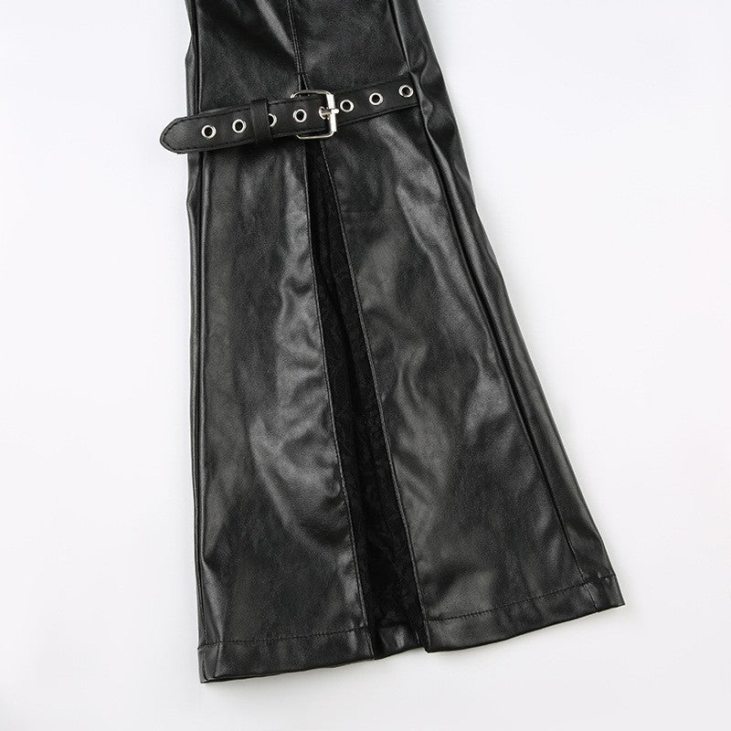 PU Leather Flare Pant Goth Buckle Lace Patchwork Pants Women Fashion Y2K Streetwear Vintage Aesthetics Casual Pants Trousers