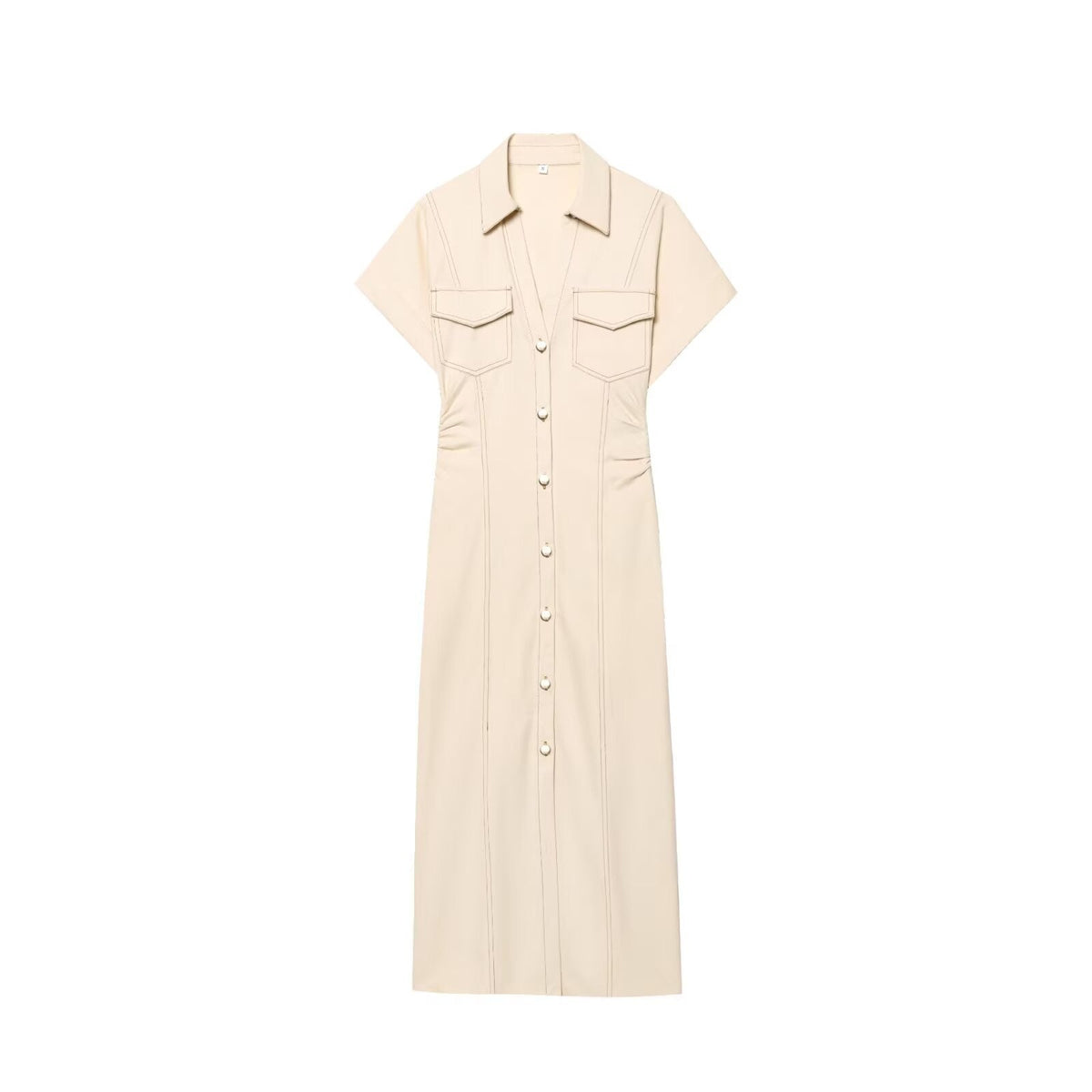 ETJ 2025 summer new women's elegant fashion waist pleated V-neck short-sleeved temperament denim MIDI dress