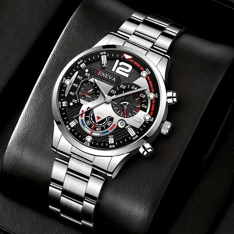 4pcs fashionable men's quartz watch - stainless steel strap, round zinc alloy case, electronic sports
