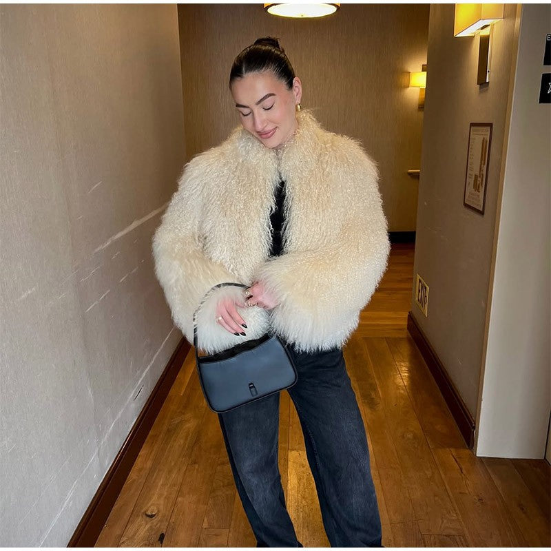 Fashion Solid Plush Faux Fur Coat Women Elegant Warm Long Sleeves Loose Jacket 2025 Lady Winter Chic High Street Outerwear ?