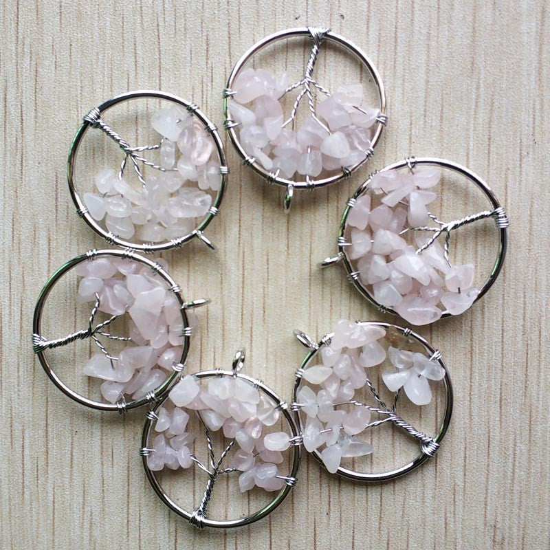 Natural Amethysts Roses Quartz Stone Handmade Wire Wrapped Tree of Life Pendants 30mm for Jewelry Marking Wholesale 12pcs/lot