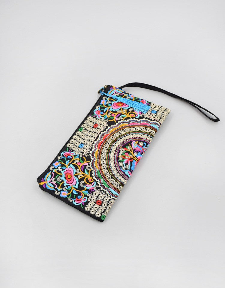 Ethnic Floral Embroidery Long Wallet Wristlet Clutch Bag Phone Vintage Embroidered Wristlet Clutch Evening Bag Wallets for Women