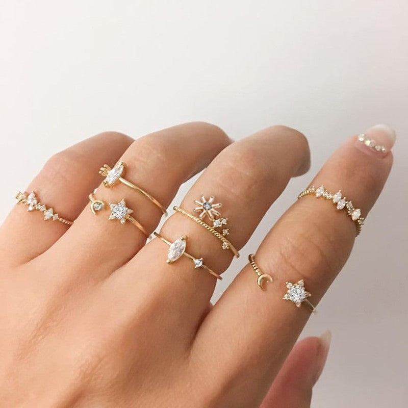 Silver Color Crystal Rings Set for Women, Cubic Zirconia Moon Arrow Flower Heart Finger Wedding Rings, Female Fashion Jewelry