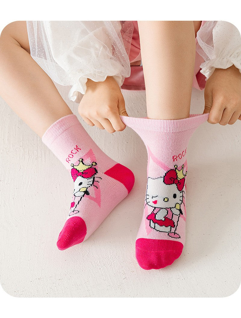5Pairs Sanrio Cinnamoroll Kuromi Kawaii Spring and Autumn Cartoon Middle Tube Socks For Girls Boy Children Mid-calf Cotton Socks