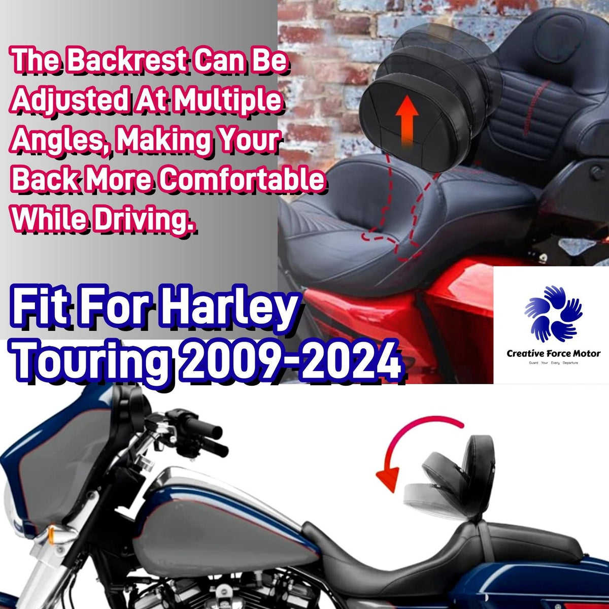 Motorcycle Adjustable Front Driver Rider Backrest Pad Mounting For Harley Touring CVO Road King Electra Street Glide FLTRX 09-24