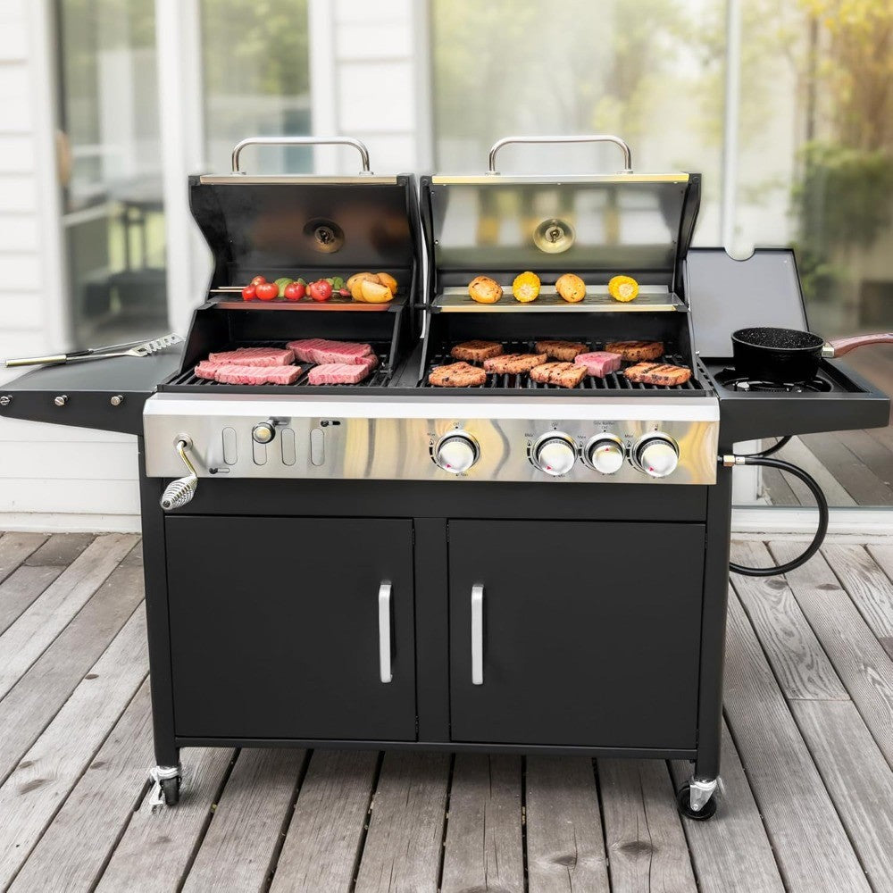 Gas and Charcoal Grill Combo with Side Burner, Porcelain-Enameled Cast Iron Grate, Extra Large Dual-Function