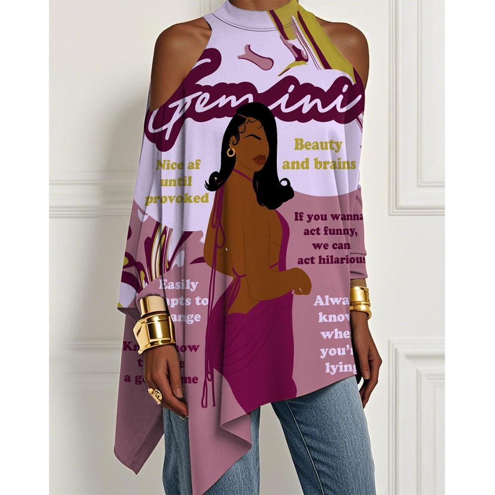 European And American Trendy Printed Off-the-shoulder Skirt Irregular Hem Design Dress Fashionable Loose Long-sleeved T-shirt