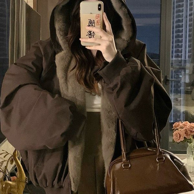 American Retro Reversible Velvet Zipper Hooded Jacket Women Winter Fashion Street Thick Loose Warm Harajuku Casual Plush Jacket