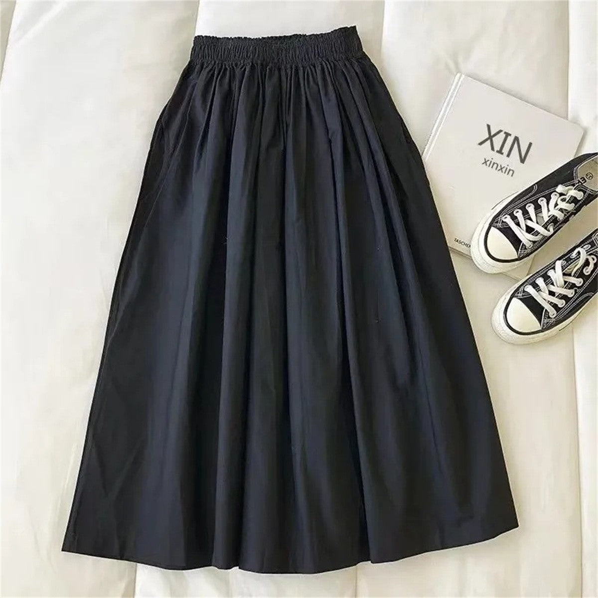 Women Solid Long Skirt Fashion Pockets Pleated Knee Length Skirts Autumn 2025 New Casual Elegant High Waist A Line Femme Skirts