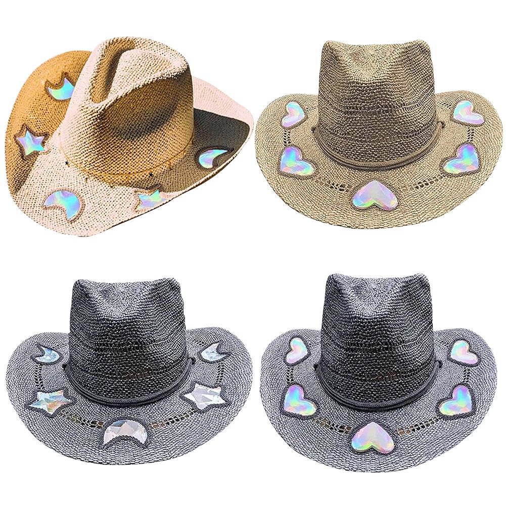 Suncatcher Cowgirl Straw Prism Hat Cowboy Hat Handmade Weave Women Straw Cap Wide Brim Women's Fashion Sun Hat for Summer Beach