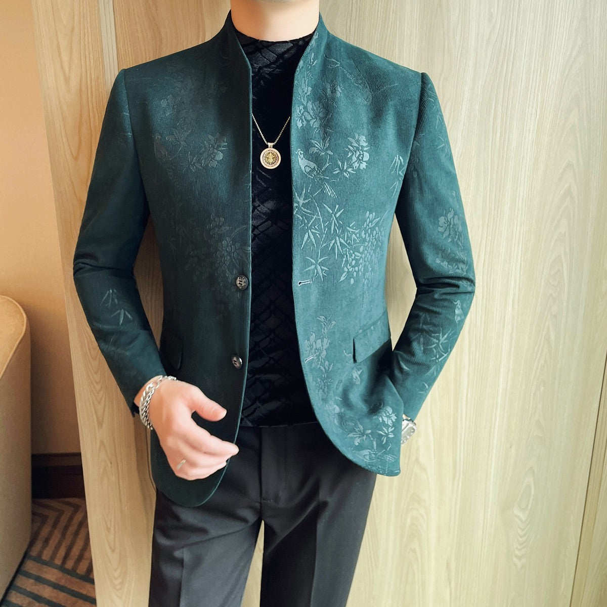 Men's New Chinese Stand Collar Blazer Jacket 2025 Fashion Elegant Printed Slim Fit Business Suits Jacket Tailcoat Men Clothing