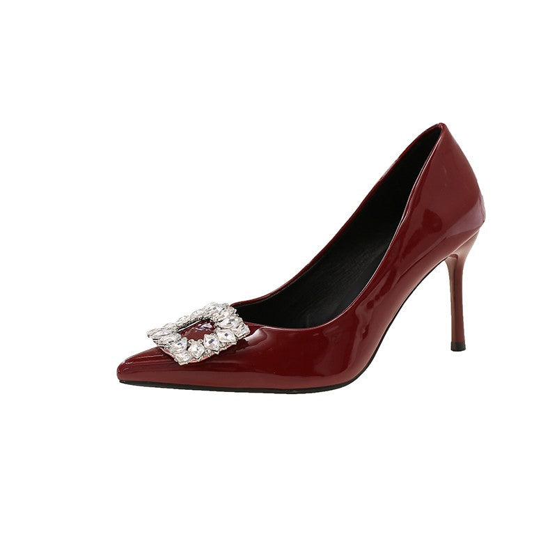 2025 Autumn Fashion New Sexy Banquet High Heels - Comfortable Crystal Square Buckle Pair with Dress Pointed Toe Women's Shoes