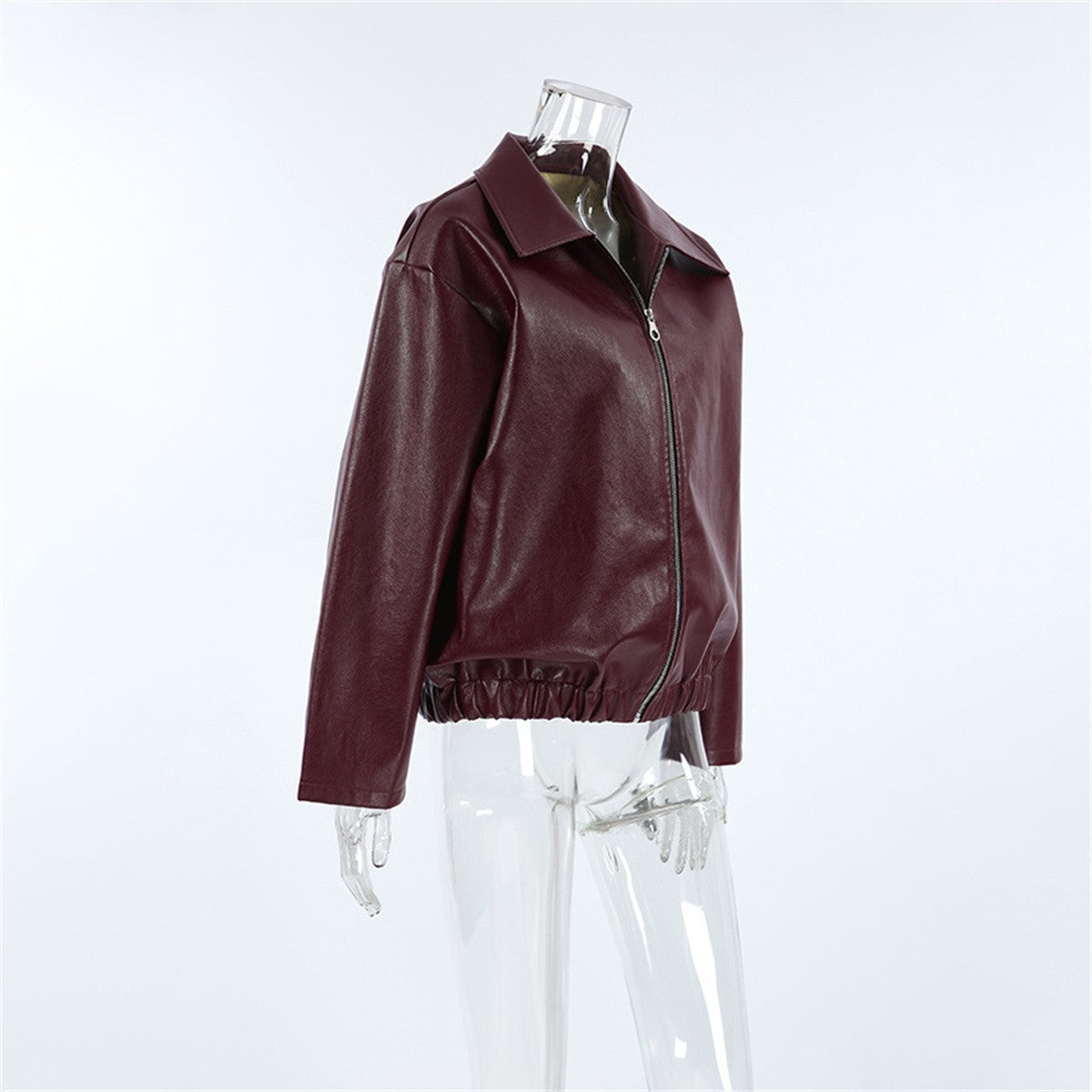 Women Vintage Wine Red Faux Leather Jakcet Fashion Outerwear Zipper Lapel Pu Coats Autumn Winter Streetwear Ladies Short Tops