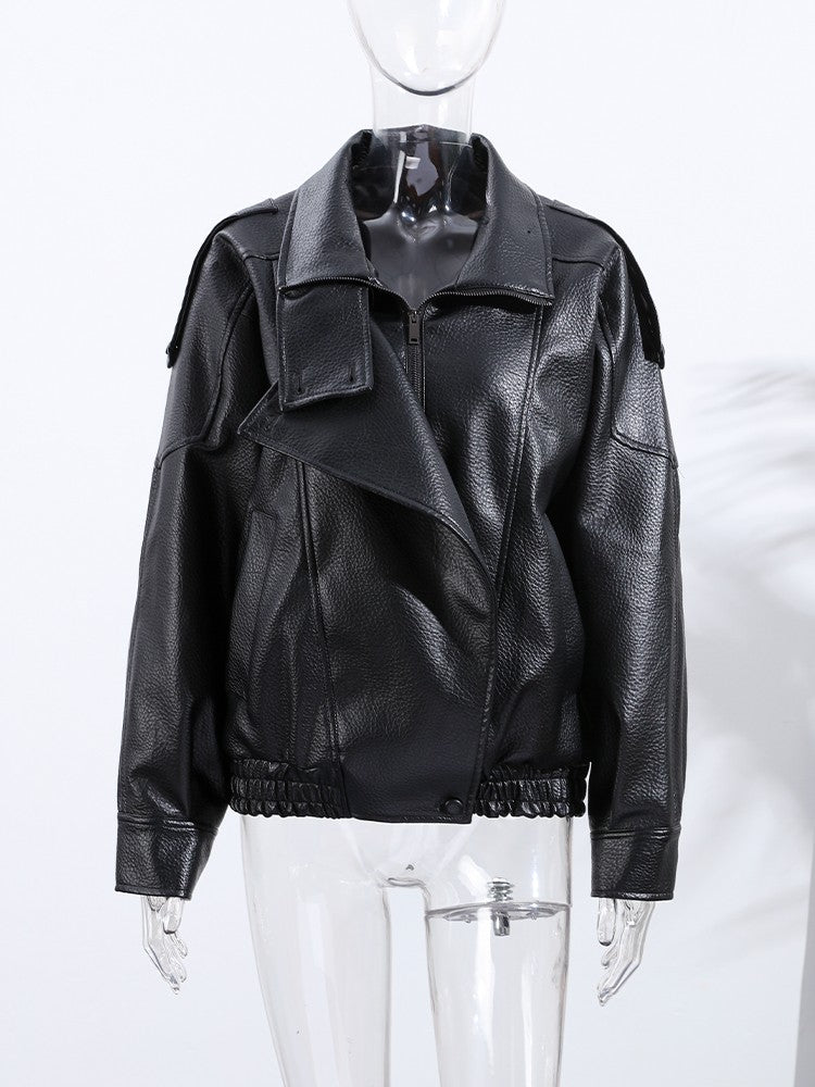 Street Stand Collar Women's Leather Jacket Loose Long Sleeve Zipper Pockets Chic Female Coats 2025 Autumn Winter Lady Outerwear