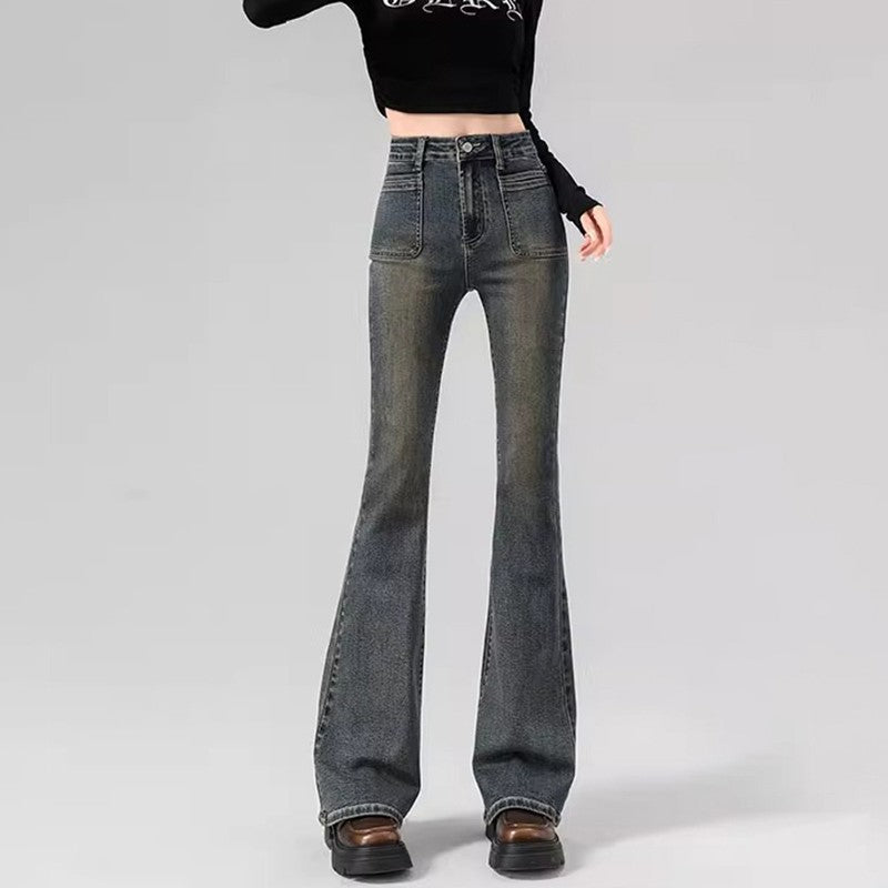 Spring Woman High Waist Vintage Flare Jeans Girls Korean Y2k 2000s Bell Bottom Pants Female Streetwear Gray Blue Denim Trousers