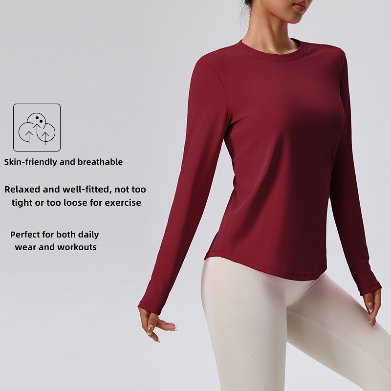 Naked Spring and Autumn Round Neck Fitness Yoga Clothing, Slimming and Slimming Base, Sports Top, Pilates Long Sleeve, Female