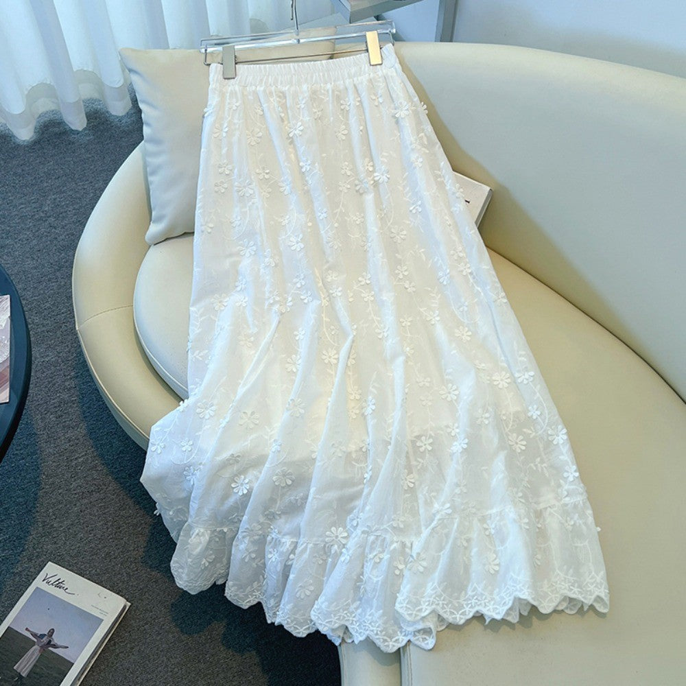 Casual sweet High Waist Chic floral lace Ruched loose Skirts Korean Fashion Office Lady Basics Plus Size Clothing