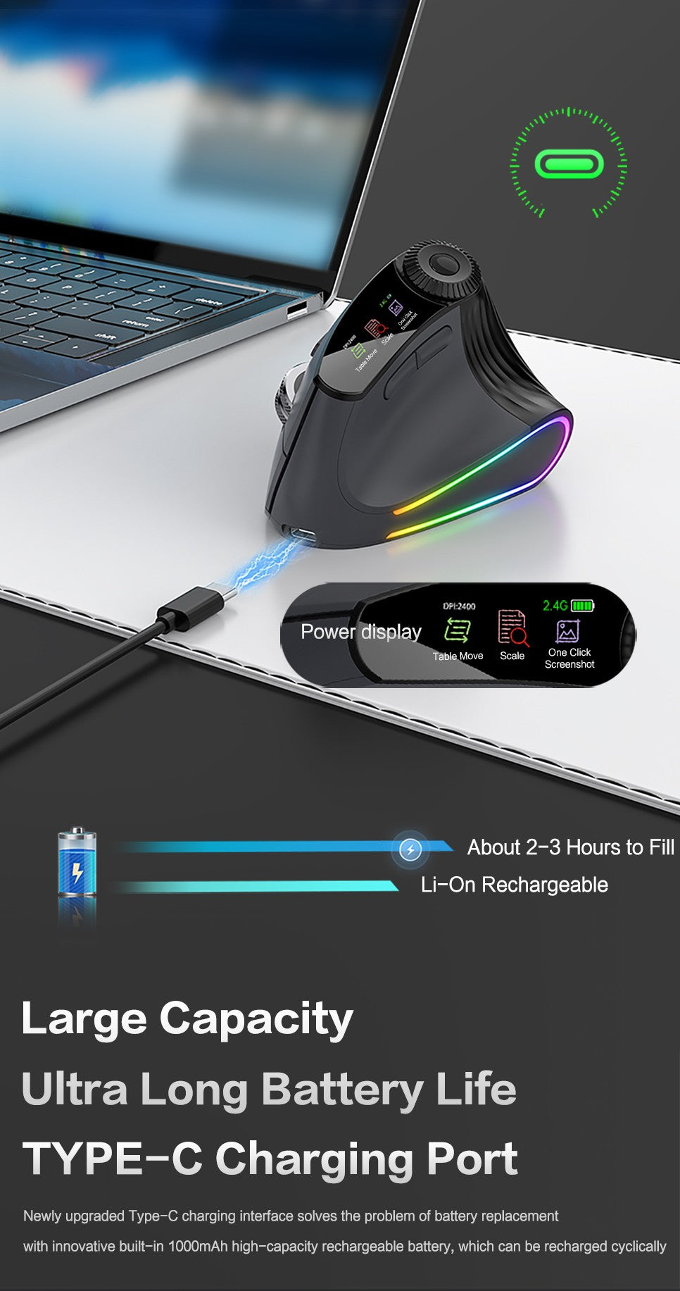 Jomaa RGB Backlit Speed Roller Wireless Vertical Mouse with Function Adjustment Knob Bluetooth USB Ergonomic Mice Slient Click