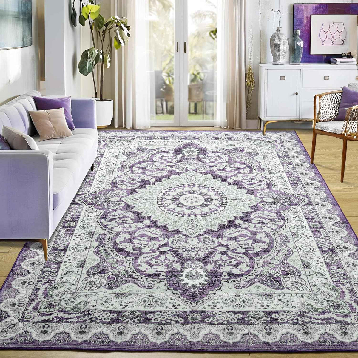 Area Rugs for Living Room, Machine Washable Vintage Rug, Non-Slip Low Pile Throw Rugs with Rubber Backing Washable Carpet
