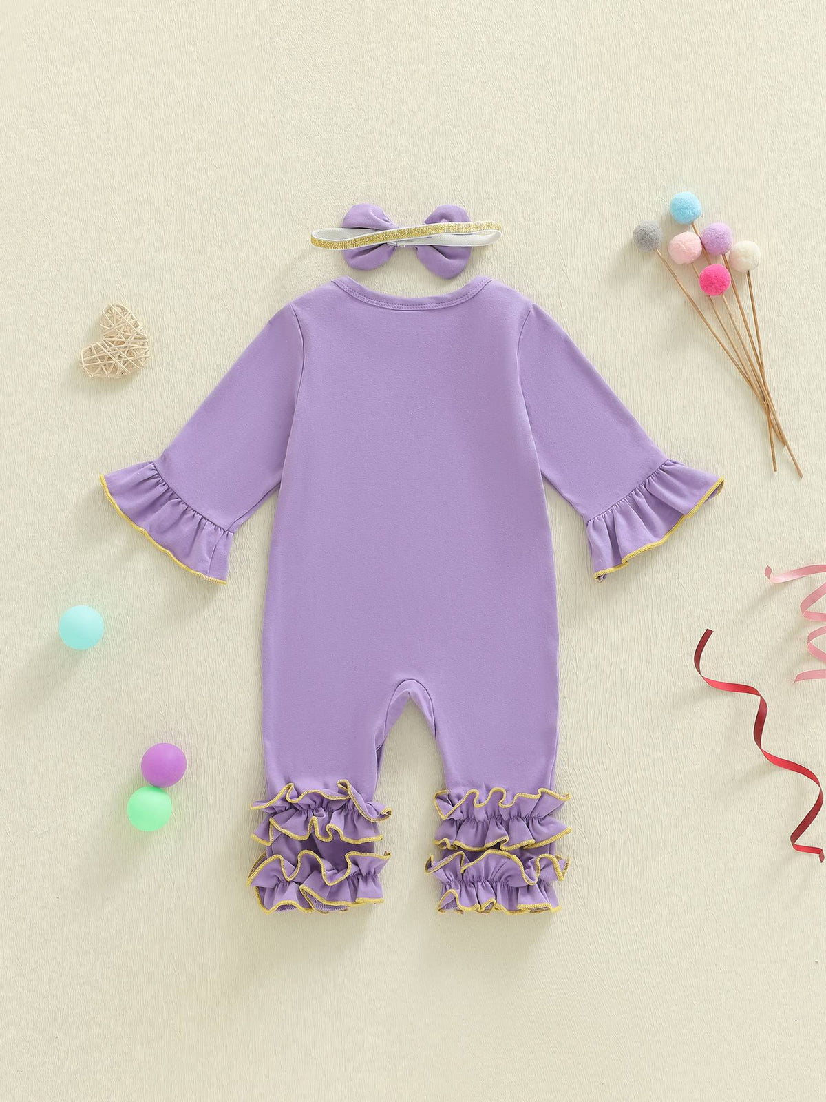 Suefunskry Baby Girl Mardi Gras Themed Romper Letter Crown Embroidery Long Sleeve Round Neck Jumpsuit with Bow Headband