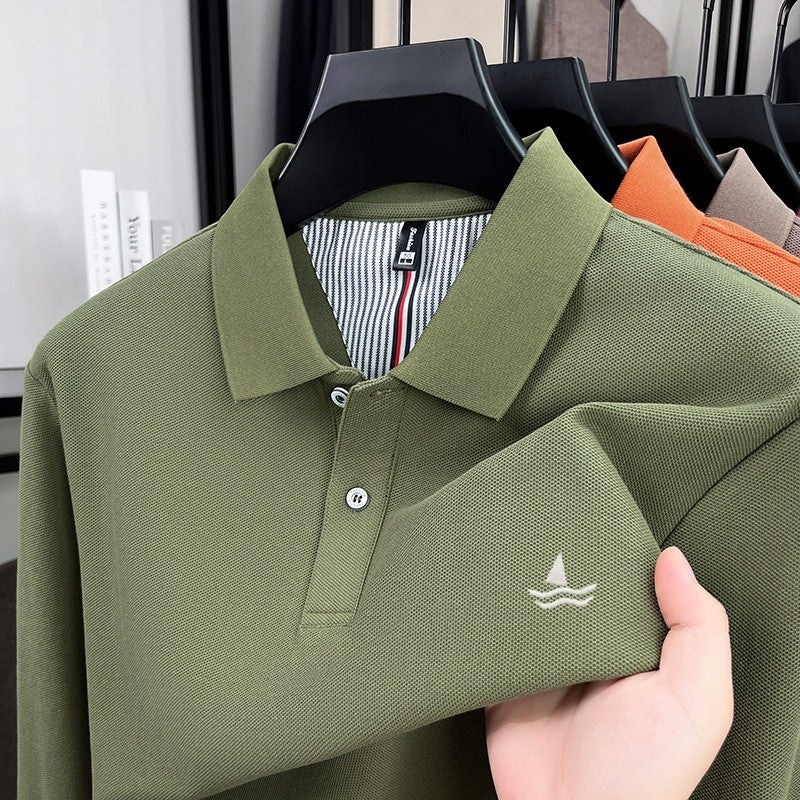 100% pure cotton spring and autumn fashionable men's collar striped long sleeved polo shirt brand sailboat embossed design casua