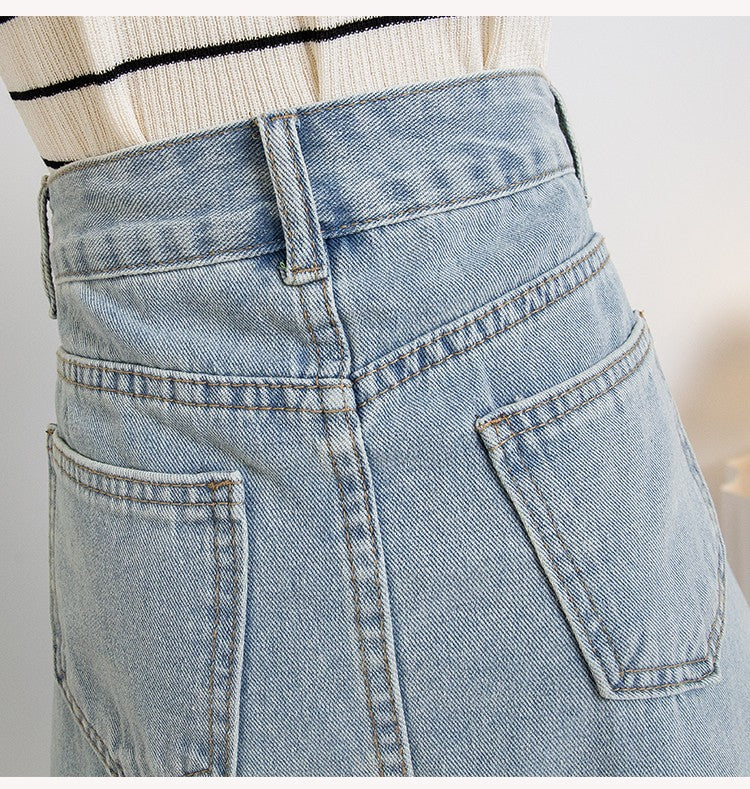 Plus Size Denim A Line Skirt With Lining 2024 Summer New Korean Fashion Pleated Midi Jean Skirt Woman Blue Color Jeans Skirts