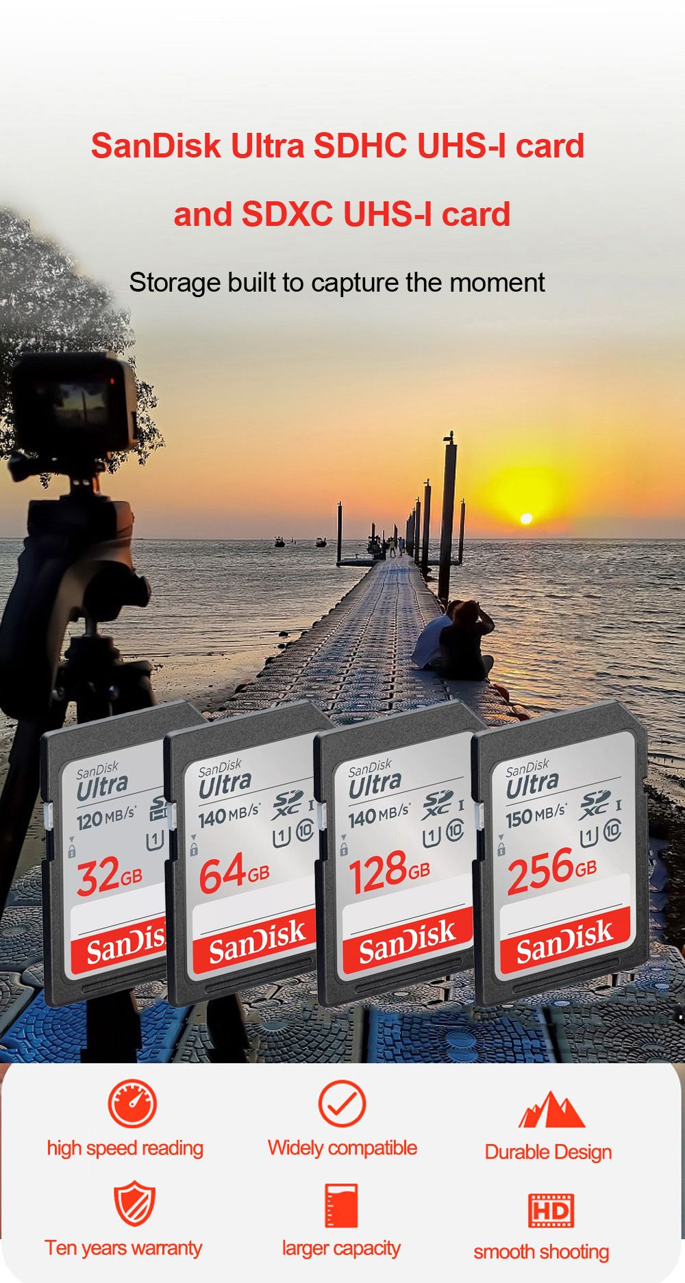 SanDisk Ultra/Extreme/Extreme PRO SD Card 256GB 128GB 64GB SDXC 32GB SDHC Memory Card C10 U1 U3 Carte SD Card for Camera 4K UHD