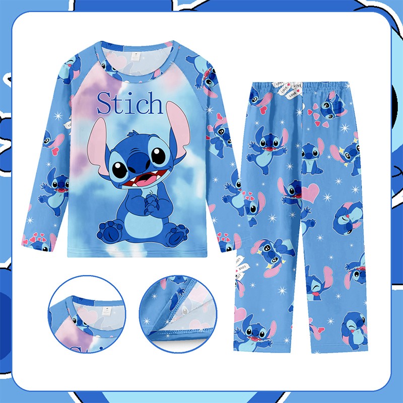 2pcs Stitch Printed Pajama Set for Kids, Long Sleeve Top & Pants, Round Neck, Stitch Home Wear Set for Boys and Girls