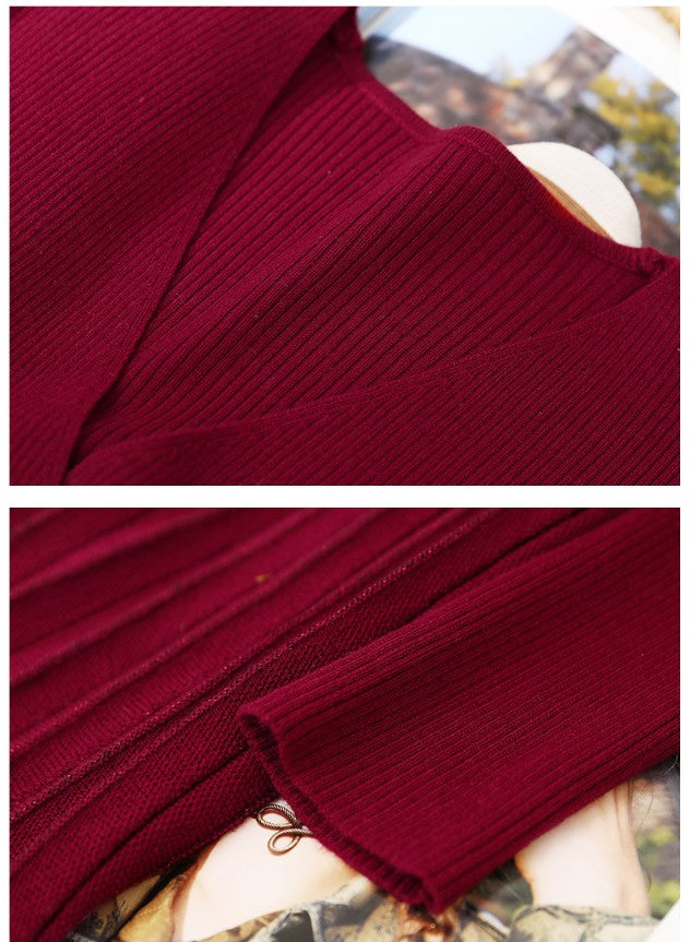 MARKOWO Desinger Brand 2022 Autumn and winter niche wool retro temperament slim V-neck knitted pleated dress