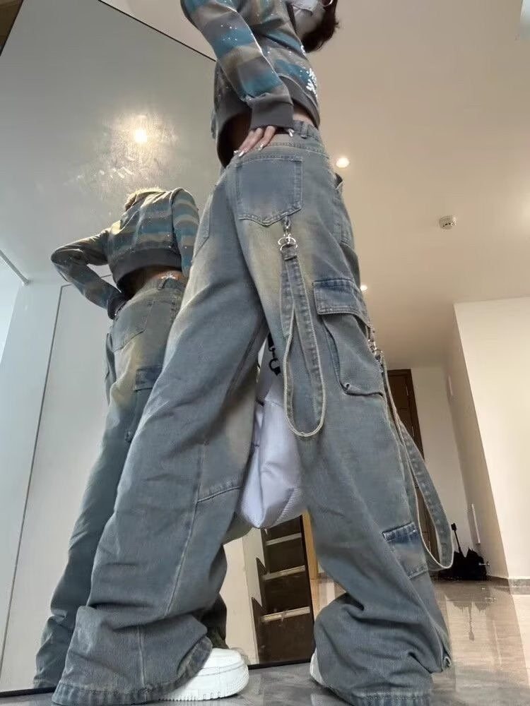 Female Jean Spliced Pockets Cargo Pants Washed Denim High Waist Full Length Jeans Loose Solid Basics Patchwork Distressed