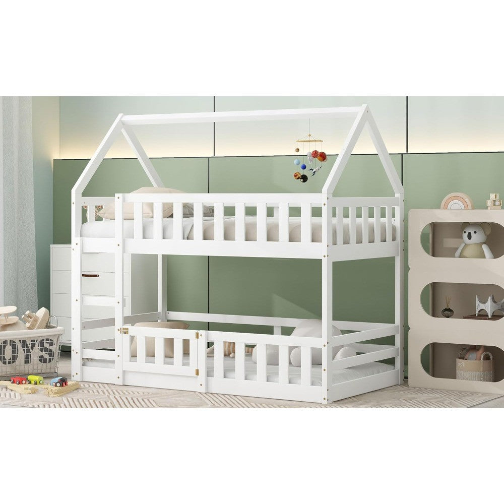 Twin Over Twin House Bunk Bed Frame for Boys Girls Kids Adults Toddler with Fence and Door, White