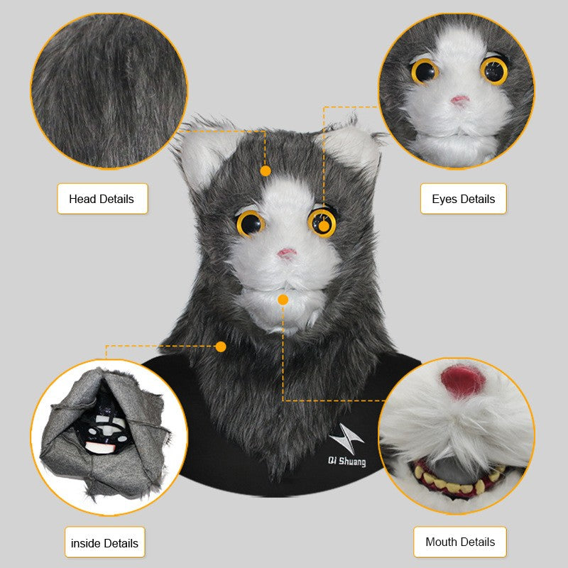 Movable Mouth Cat Head Mask Animal Latex Cute Helmet Artificial Fur for Halloween Costumes Party Props Adult Size