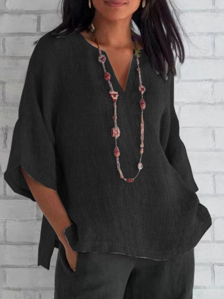 Women's Cotton Shirt 2024 Summer V-Neck Loose Casual Blouse Women Top Femme ?????? ??????? Bluzki Damskie Letnie Black Blouse