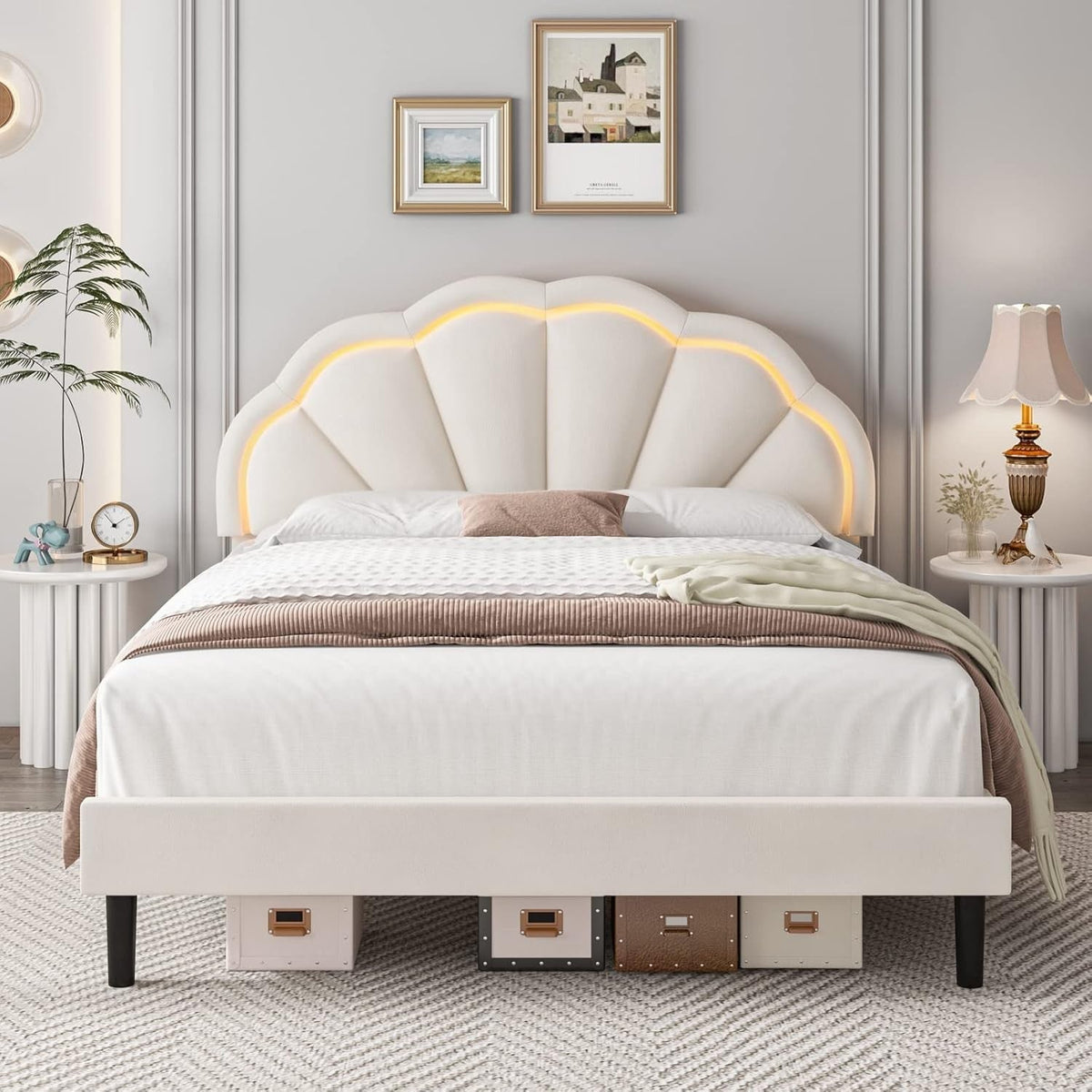 Full Upholstered Smart LED Bed Frame with Adjustable Chic Petal Headboard, Princess Full Size Platform Bed Frames for Ki