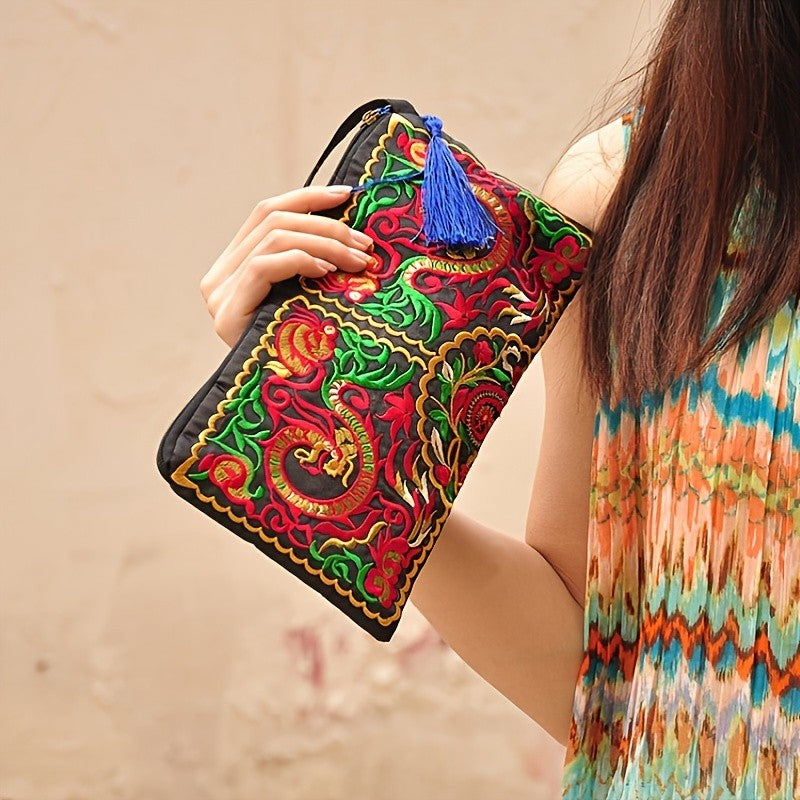 Ethnic Floral Embroidery Long Wallet Wristlet Clutch Bag Phone Vintage Embroidered Wristlet Clutch Evening Bag Wallets for Women