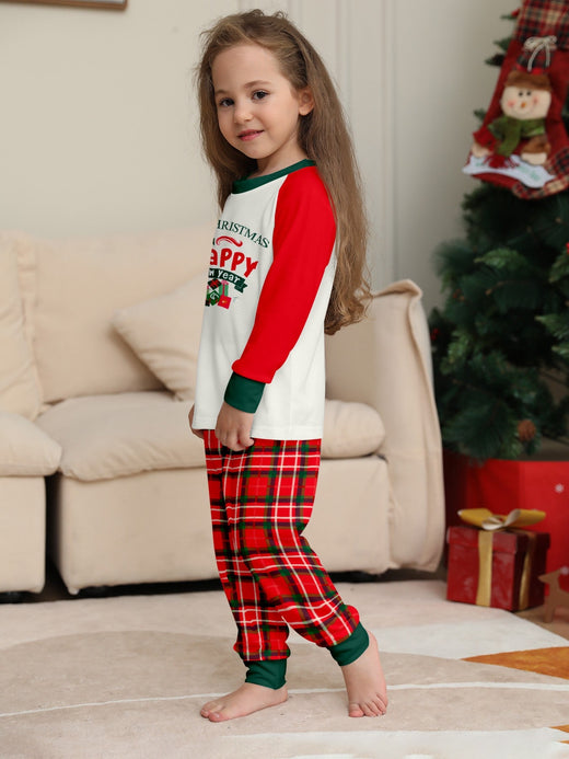 Christmas Kids Pajamas Set "Merry Christmas Happy New Year" Print Raglan Sleeve Red White Green & Red Plaid Pants Sleepwear