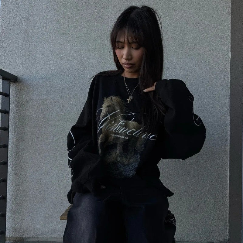 Y2K Harajuku Retro Long Sleeve Print Line Galloping Steed Round Neck Tops Trendy Daily Hip Hop Unisex Autumn Loose Streetwear