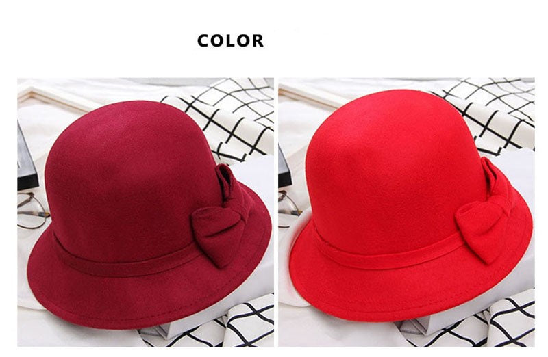 2022 Autumn Winter Fedoras Women Hat Elegant Vintage Bowknot Wool Ladies Hat Dome Felt Wedding Church Jazz Cap Female Bow Bowler