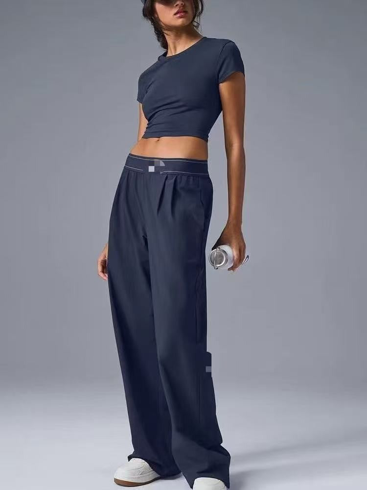 for aIo New Women's Sports Yoga Pants Wide Leg Quick Dry Elastic Waist Straight Trousers Fitness Casual Solid Black Summer Wear