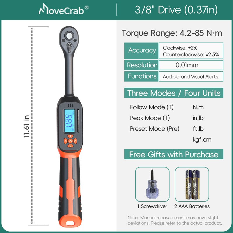MOVECRAB Digital Torque Wrench 1.5-340N.m with Preset Values 2% Accuracy Buzzer and LED Flash Notification