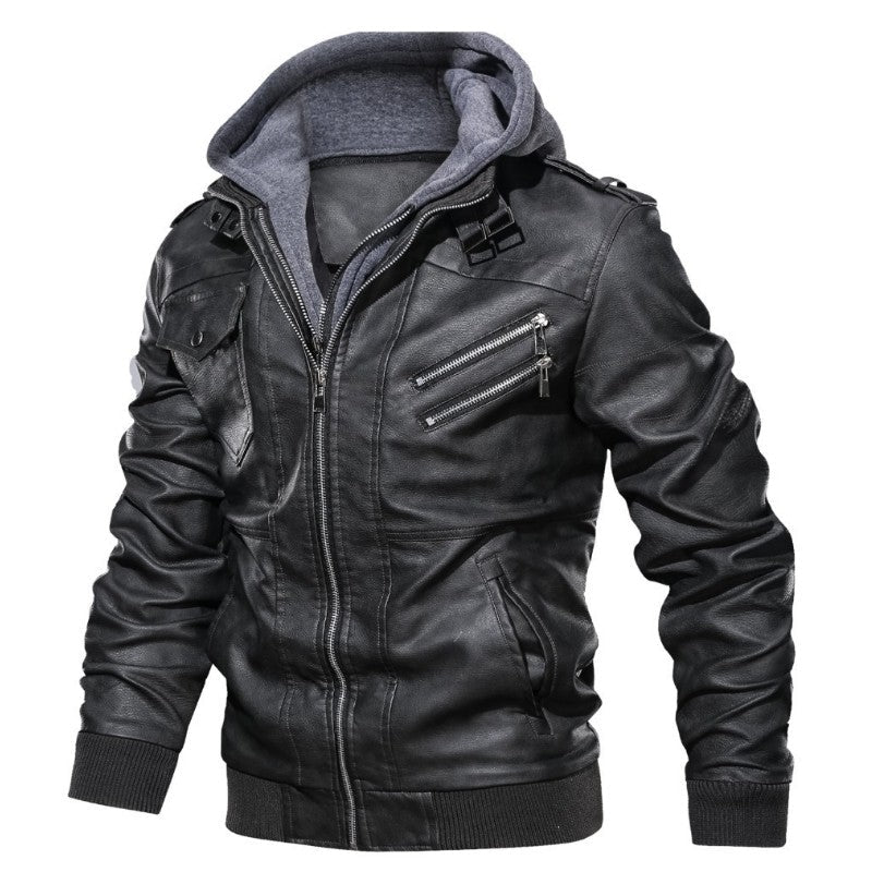 Male PU Hooded Collar Zipper Autumn Casual Slim Windbreaker Chaquetas Motorcycle Leather Jacket Men Winter Fleece Tactics Coat