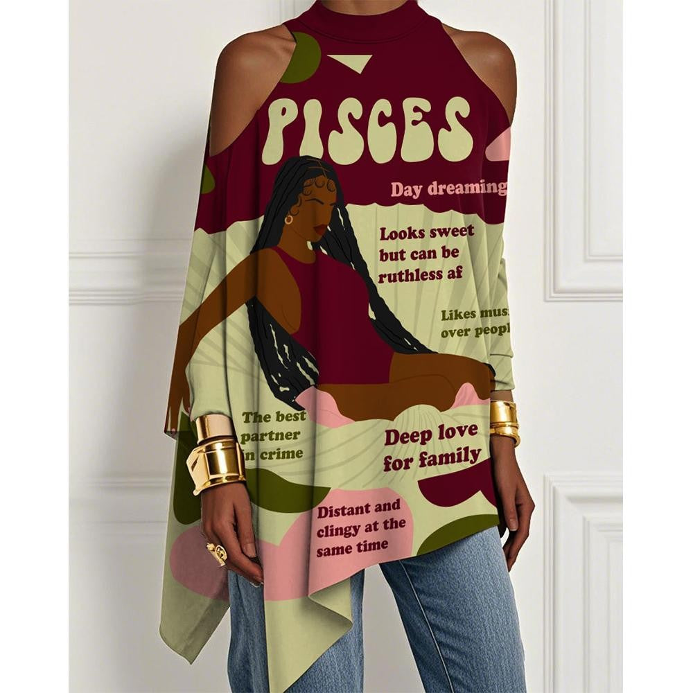 European And American Trendy Printed Off-the-shoulder Skirt Irregular Hem Design Dress Fashionable Loose Long-sleeved T-shirt