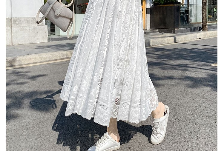 Plus Size plus Size Lace Hollow out f Skirt mid Waist Long Sle Fairy Skirt A-Line Umbrella Skirt Trendy Women's Clothing