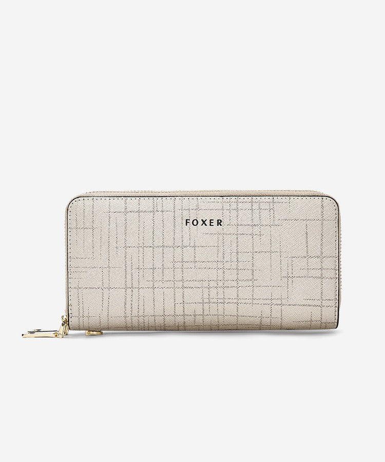 FOXER Split Leather Lady's Wallet Bifold Long Clutch Bag with Wristlet Fashion Card Holder Coin Purse Cellphone Money Bag