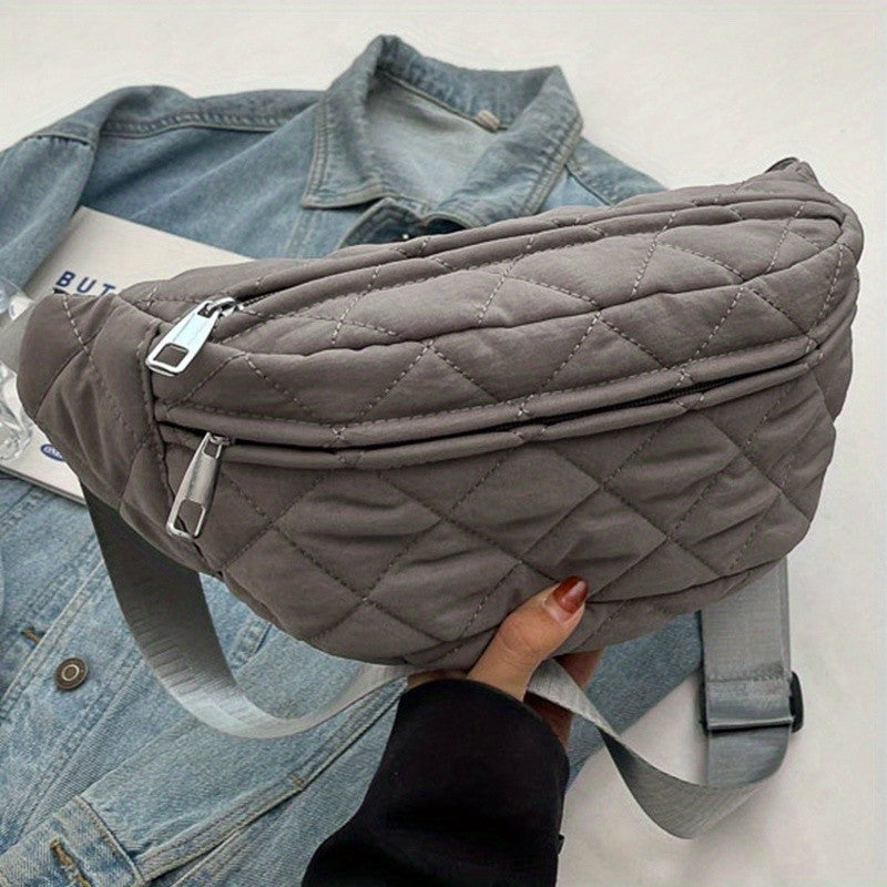 Quilted Patchwork Crossbody Bag - Large Nylon Purse, Multi-Pocket, Adjustable Strap. Grey Gift-Ready!